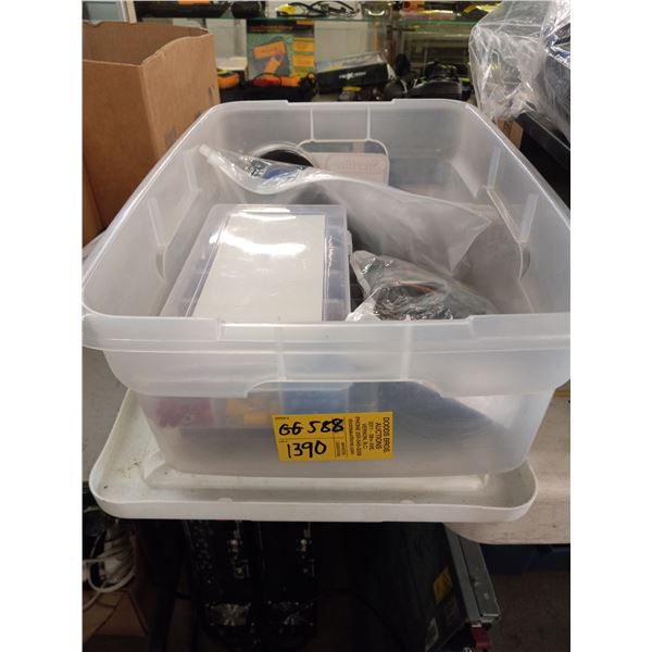 BIN OF WIRE CONNECTORS, HEATSHRINK TUBING, ETC.