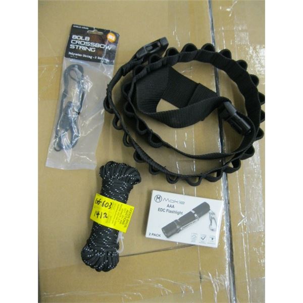 MOKIE FLASHLIGHT, CROSSBOW STRING 80LB & A BELT