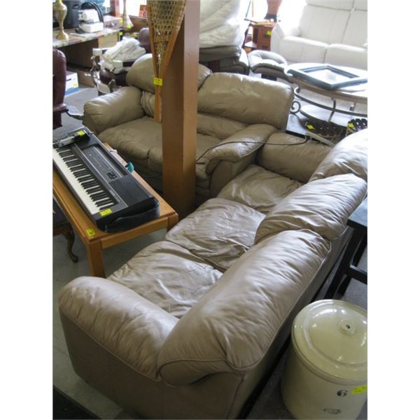 BEIGE LEATHER COUCH & LOVESEAT, HAS HOLE