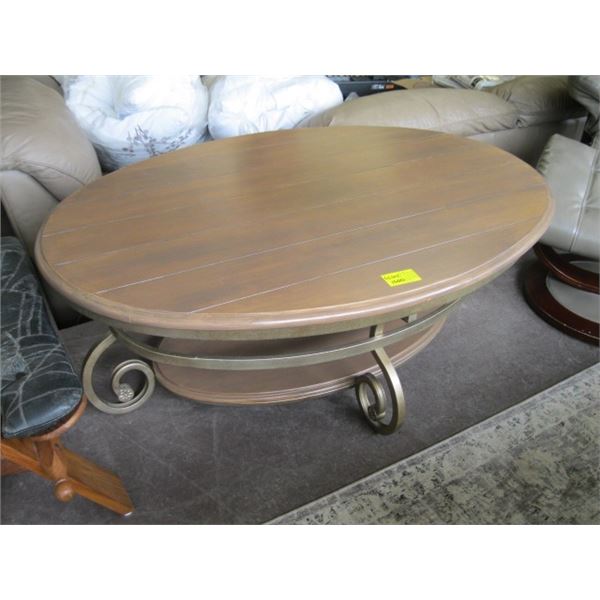 METAL WOOD TOPPED OVAL COFFEE TABLE