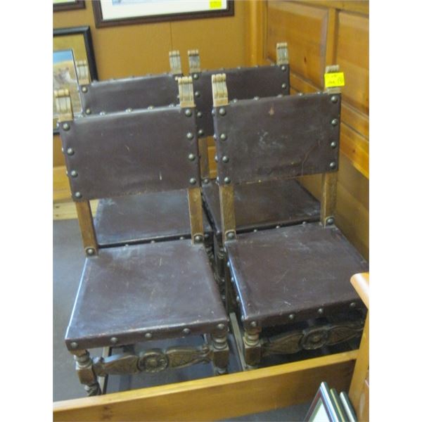 4 WOOD & LEATHER ANTIQUE CHAIRS