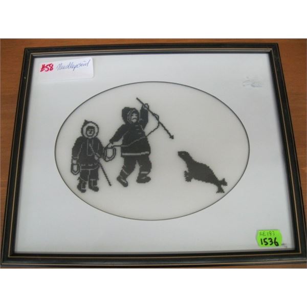 NEEDLEPOINT PICTURE OF ESKIMO & SEAL