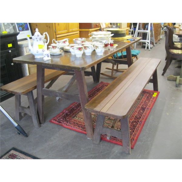 REDWOOD FOLDING DINING TABLE WITH 2 FOLDING BENCHES