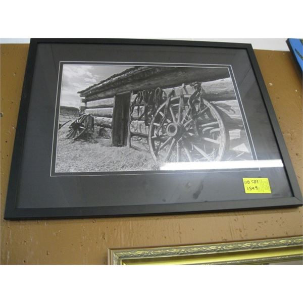 FRAMED PRINT OF WAGON WHEELS & TACK