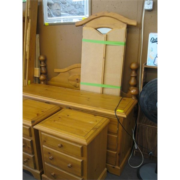 PINE BEDROOM SUITE, QUEENSIZE FRAME, DRESSER W/MIRROR & 2 NIGHTSTANDS