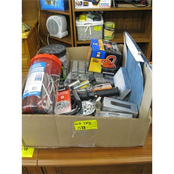 FLAT OF MISC. STAPLES, SUCTION CUP DENT PULLER, ETC.