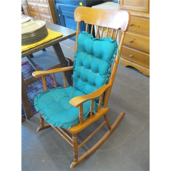 WOOD ROCKING CHAIR WITH GREEN CUSHION