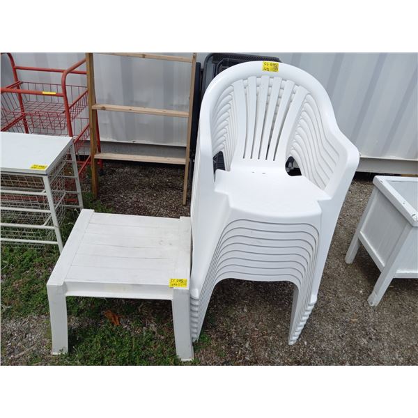 8 WHITE PATIO CHAIRS & SMALL TABLE