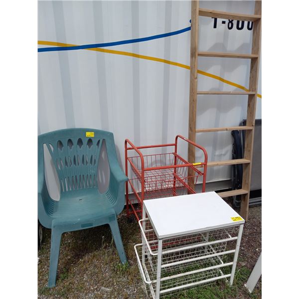 DISPLAY LADDER, 2 STORAGE RACKS, 1 PLASTIC LAWN CHAIR