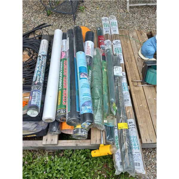 LOT OF LANDSCAPE FABRIC ROLLS, BAMBOO STAKES, SPRINKLER HOSE, ETC.