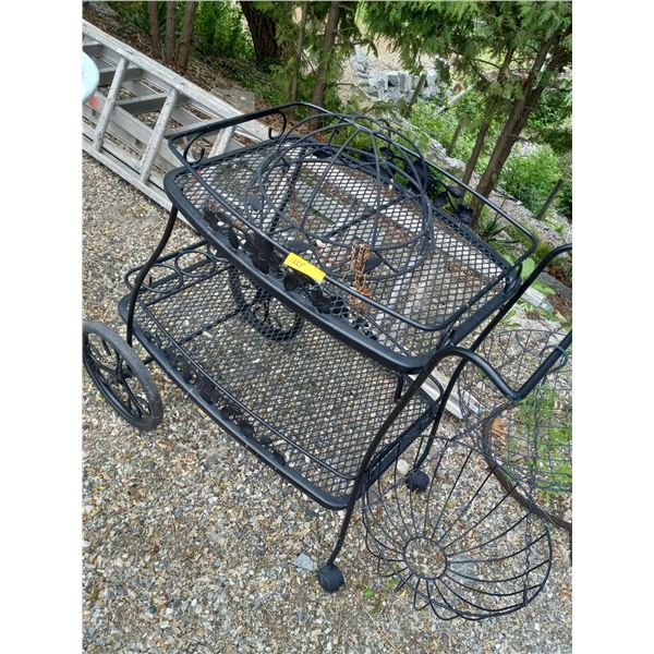 BLACK METAL SERVING CART, 3 METAL HANGING WIRE BASKETS