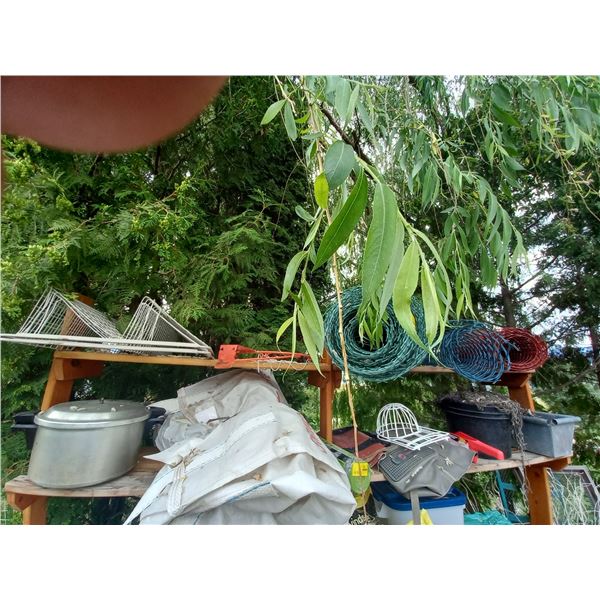 CONTENTS OF TOP 2 SHELVES, SNOW FENCE WIRE, BASKETBALL HOOP, FEED BAGS, ETC.