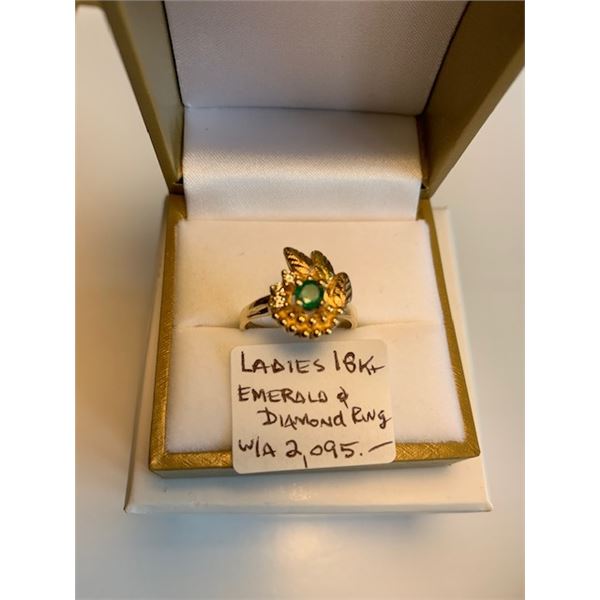 LADIES 18KT EMERALD & DIAMOND RING - W/A - $2,095. - SZ 7.5