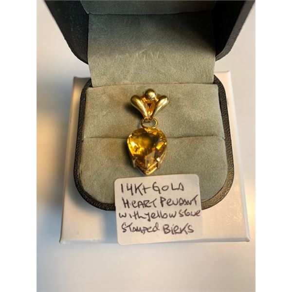 14KT GOLD HEART PENDANT W/YELLOW STONE (MARKED BIRKS)