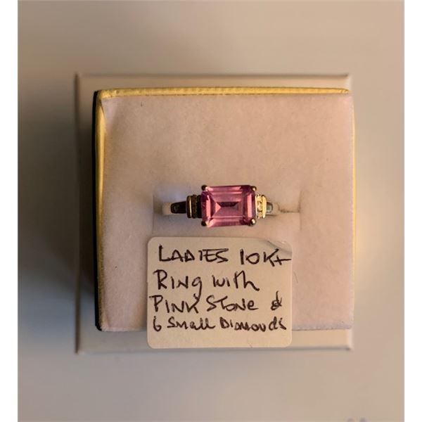 LADIES 10KT RING W/PINK STONE & 6 SMALL DIAMONDS - SZ 7.5