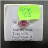 Image 2 : LADIES 10KT RING W/PINK STONE & 6 SMALL DIAMONDS - SZ 7.5