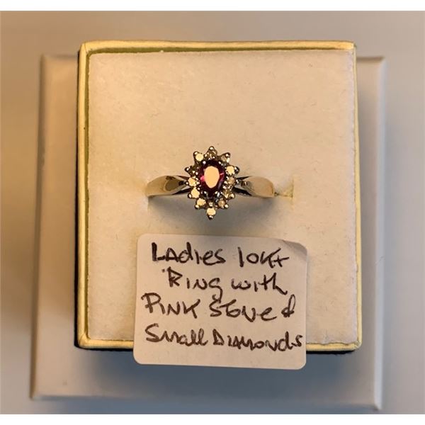 LADIES 10KT RING W/PINK STONE & SMALL DIAMONDS - SZ 6.5