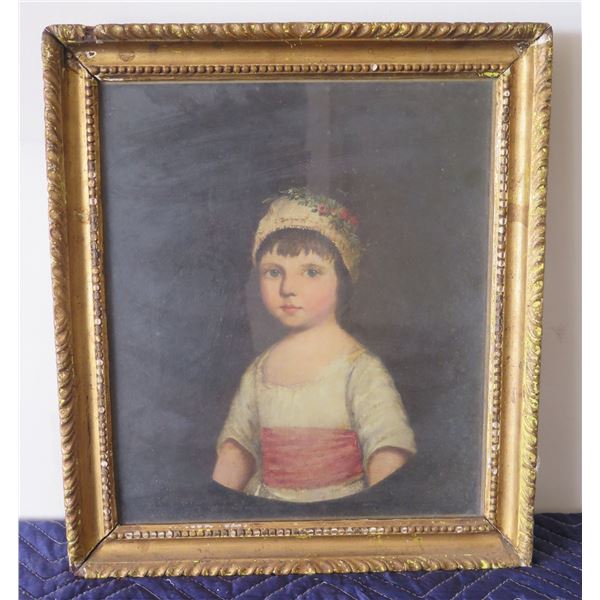 Oil Painting on Canvas, Portrait of a Girl in Pink Sash, 18th/19th Century, Gilded Frame 14"x11"