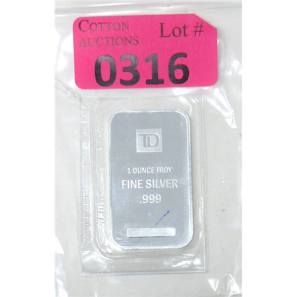 1 Oz. .999 Silver Investor TD Bank Bar