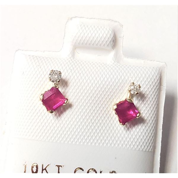 10K Yellow Gold Ruby(0.44ct) Diamond(0.06ct) Earrings (~Size )(Ring is resizable for $40) (~length i