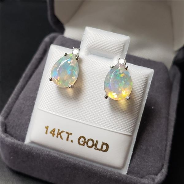 14K White Gold Opal(0.95ct) Diamond(0.03ct) Earrings (~weight 1.18g), Made in Canada, Appraised Reta