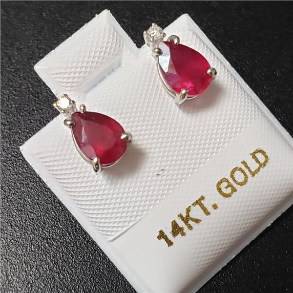 14K White Gold Ruby(1.2ct) Diamond(0.03ct) Earrings (~weight 1.3g), Made in Canada, Appraised Retail