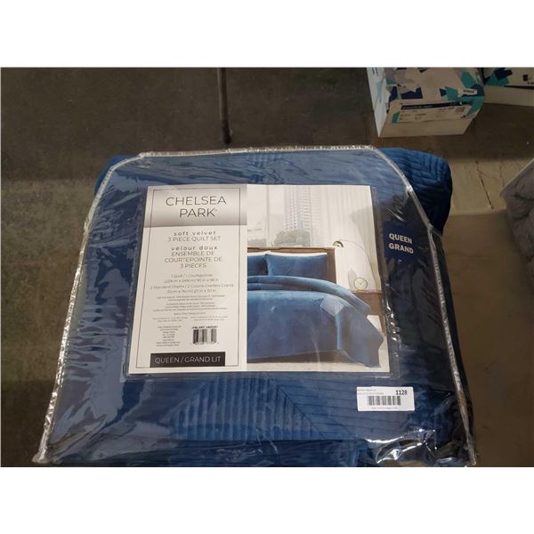 Chelsea Park Soft Velvet 3 Piece Quilt Set - Blue - Queen