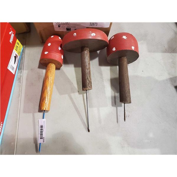 New Handmade Wooden Toadstool Mushroom Garden Stakes - Lot of 3