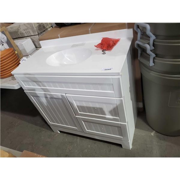 New -OUT OF BOX - Style Selections White Vanity with Single Sink Top, 2 Drawers, Under Sink Cabinet 