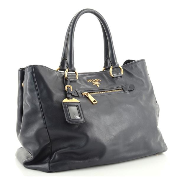 Prada Black Calfskin Leather Front Pocket Convertible Medium Tote Bag