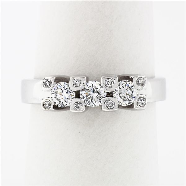 Unique 18k White Gold 0.58 ctw Round Diamond 3 Stone Band Ring w/ Diamond Prongs