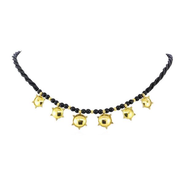 16 Inch Black Bead Station Necklace - 22KT Yellow Gold