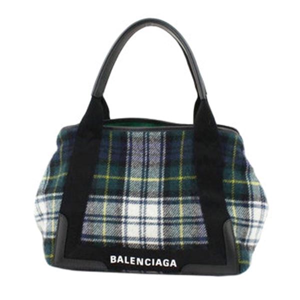 Balenciaga Green Multicolor Wool Checks Small Navy Cabas Bag