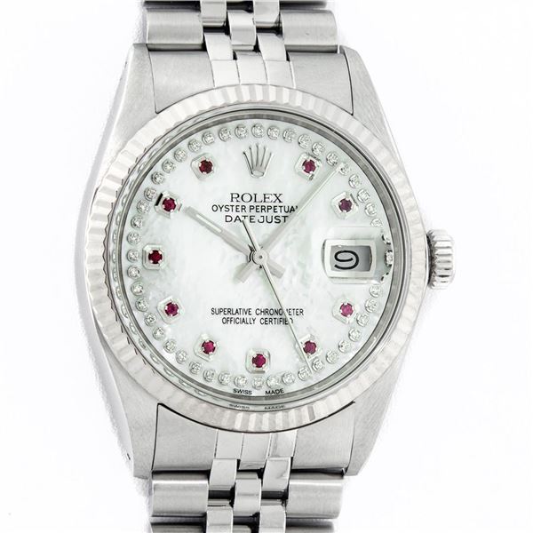 Rolex Mens Stainless Steel Mother Of Pearl Diamond & Ruby Datejust Wristwatch