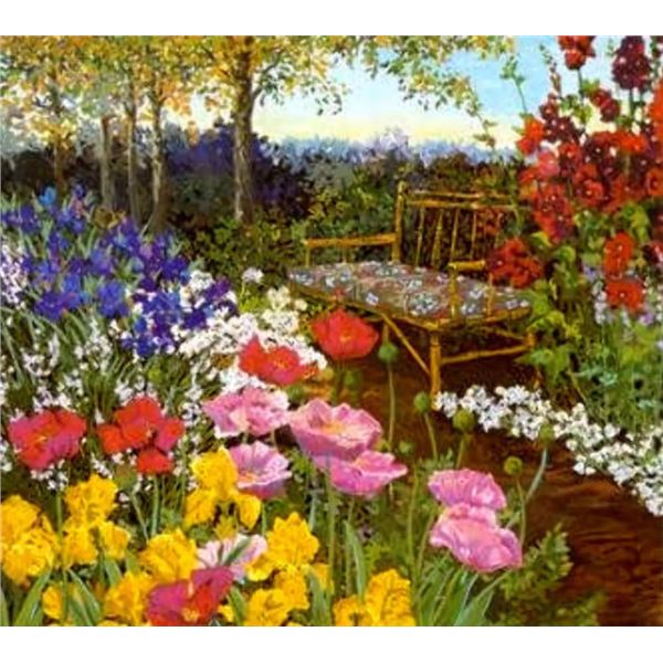 Tranquility/Poppies & Rattan Bench by John Powell on paper