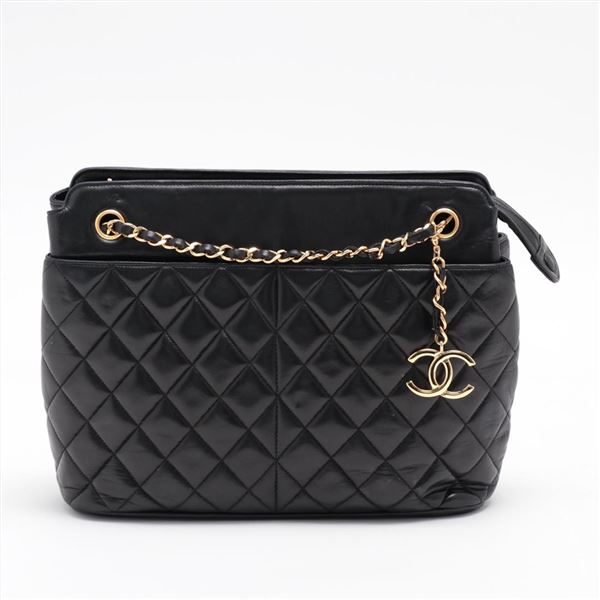 Chanel Vintage Black Quilted Lambskin Leather CC Charm Large Tote Bag