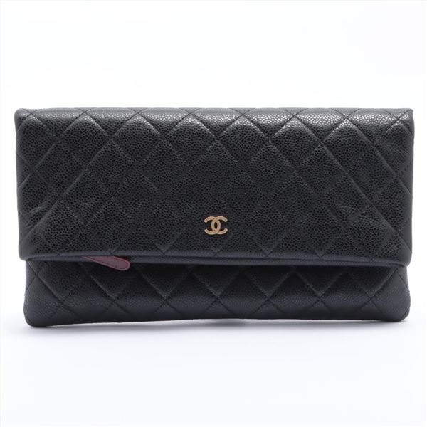 Chanel Black Quilted Caviar Leather CC Fold Over Clutch