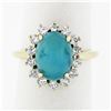 Image 1 : Vintage 18k Yellow Gold Oval Cabochon Turquoise Solitaire & Diamond Halo Ring
