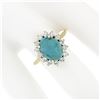 Image 3 : Vintage 18k Yellow Gold Oval Cabochon Turquoise Solitaire & Diamond Halo Ring