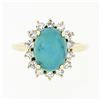 Image 4 : Vintage 18k Yellow Gold Oval Cabochon Turquoise Solitaire & Diamond Halo Ring