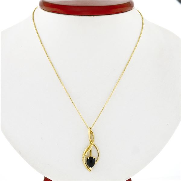 14k Yellow Gold Pear Cabochon Black Onyx Open Pendant Necklace