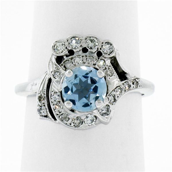 Art Deco 14k White Gold 1.45 ctw Round Aquamarine and Diamond Cocktail Ring