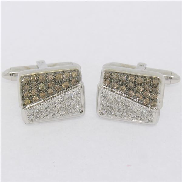 18k White Gold 1.45 ctw Pave Set Round White & Champagne Diamond Rectangular Cuf