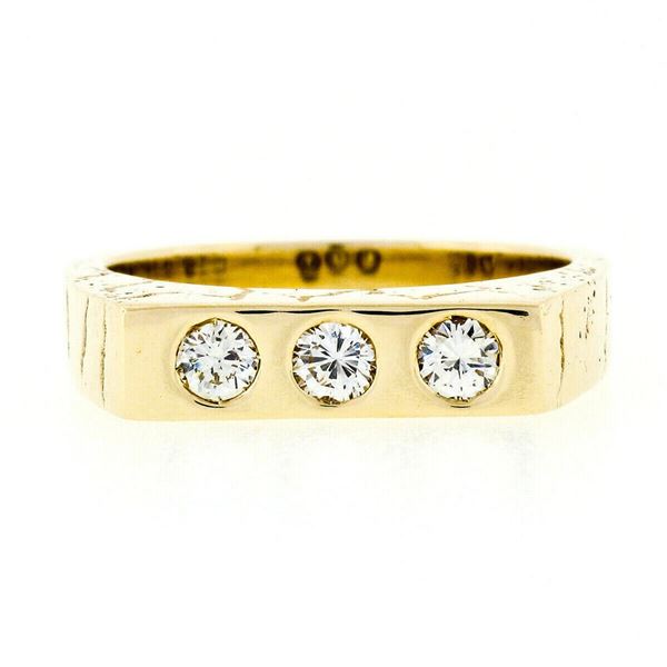 Men's 14K Gold 3 Stone Burnish Diamond Nugget Pattern High-Profile Band Ring