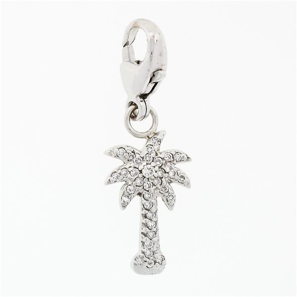 14k White Gold 0.36 ctw Pave Diamond Palm Tree Dangle Lobster Clasp Charm Pendan