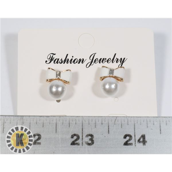 NEW BOW STUD EARRINGS FAUX PEARL AND RHINESTONE