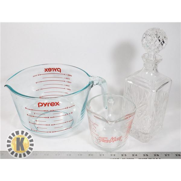 LOT OF 2 PYREX MEASURING CUPS AND GLASS DECANTER