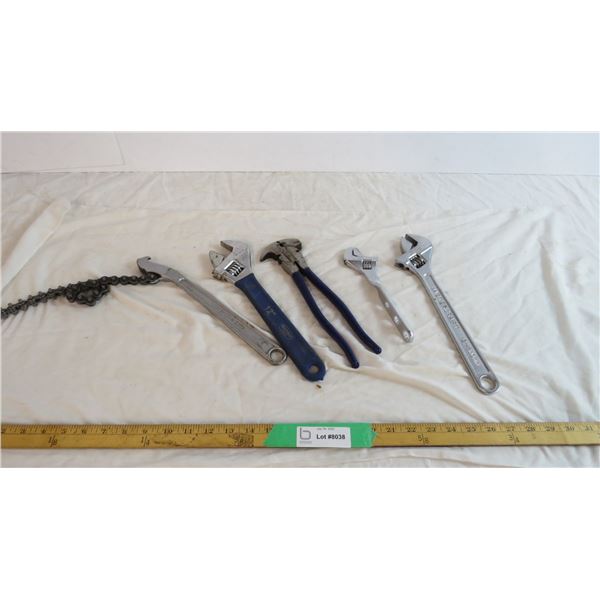 Various assorted wrenches- Ratchet strap and hammer wrench