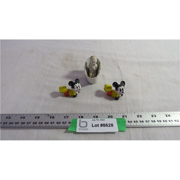 Porcelain Baby in a bathtub and (2) Mickey Rubber Figures