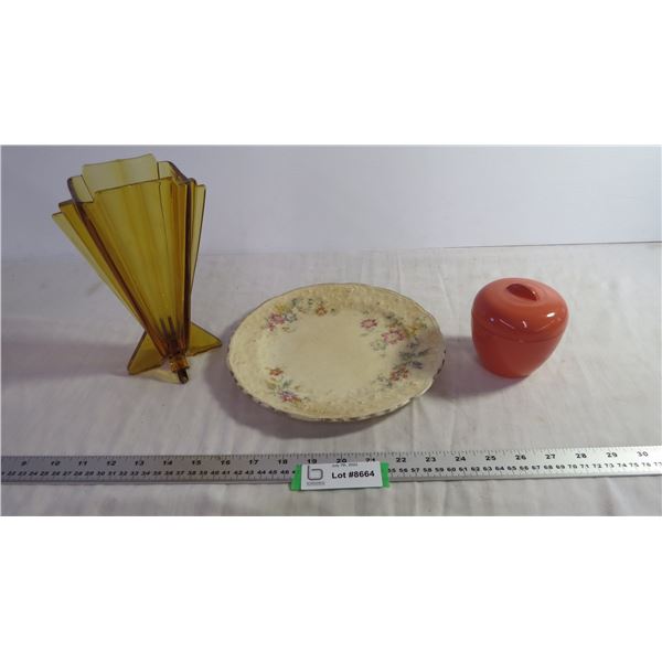 Amber Glass Vase and Misc